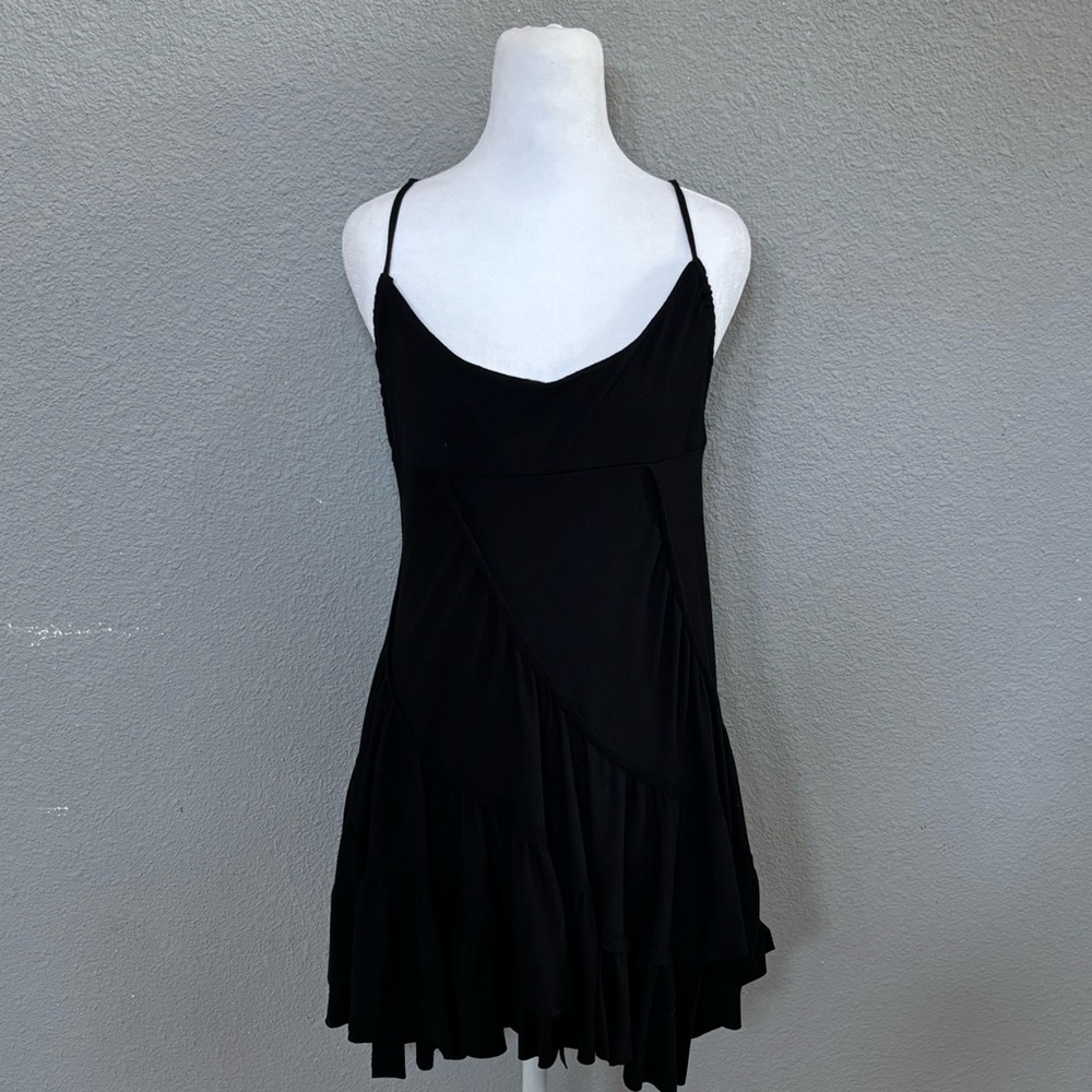 XOXO Black Spaghetti-Strap Tiered Mini Dress